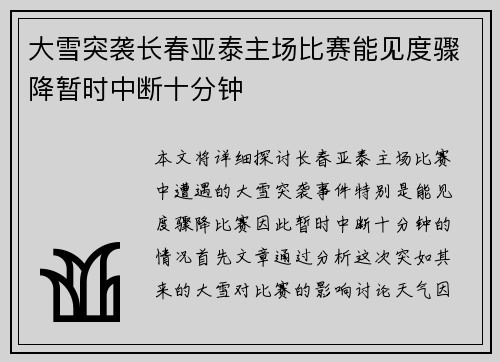 大雪突袭长春亚泰主场比赛能见度骤降暂时中断十分钟